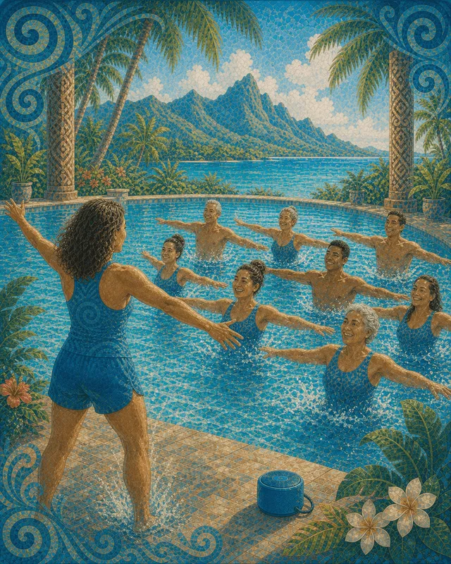 Séance d'aquagym dans le lagon avec vue sur les montagnes de Raiatea