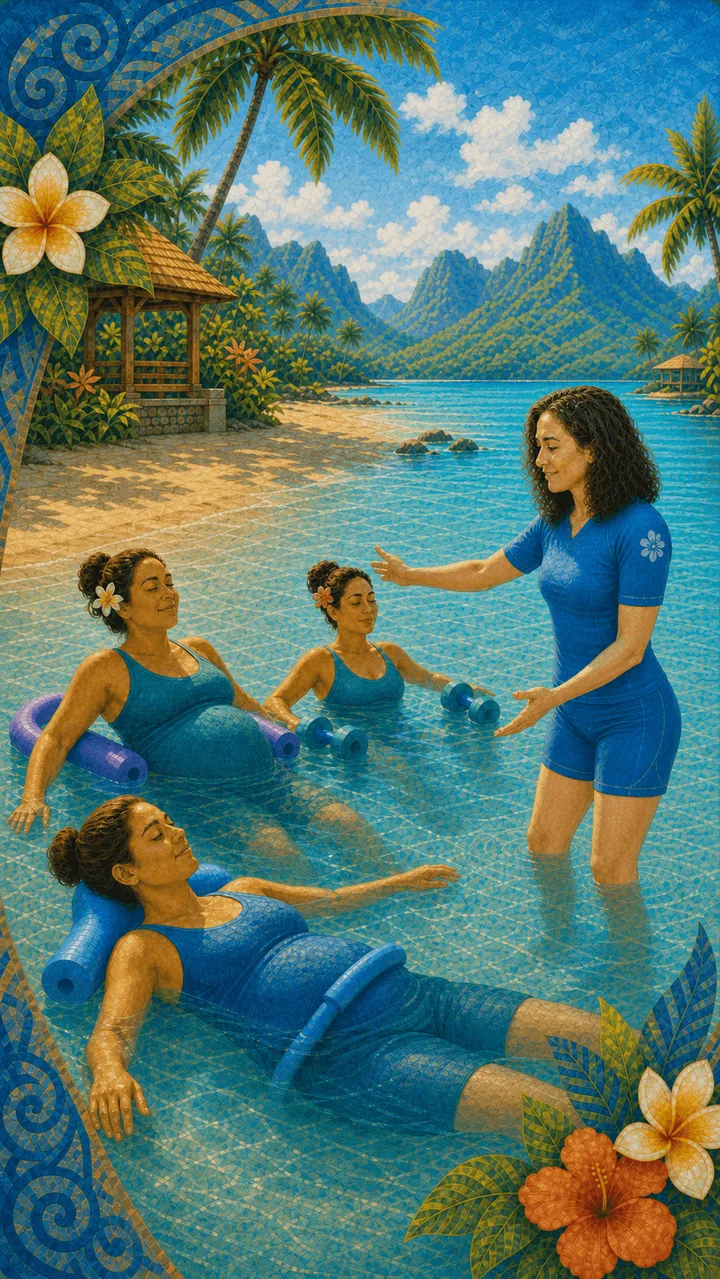 Séance aquatique douce pour femmes enceintes dans le lagon, encadrée par une maître-nageuse à Raiatea