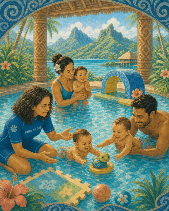 Parents et bébés découvrant l'eau avec une maître-nageuse, jeux et parcours aquatiques (bébés nageurs à Raiatea)