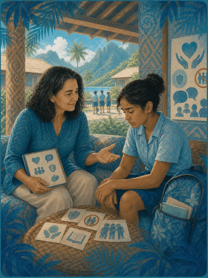 Psychologue en entretien avec une adolescente, cartable et cahiers à ses côtés, accompagnement des jeunes à Raiatea