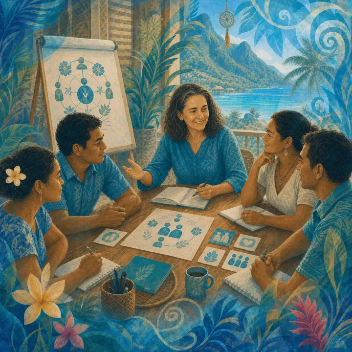Psychologue animant une réunion avec des membres d'une équipe éducative, formation et sensibilisation en Polynésie française