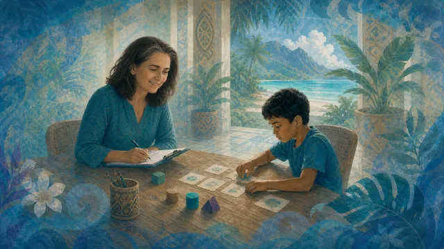 Enseignante accompagnant un élève dans son travail scolaire, cahier et crayons sur la table (soutien scolaire à Raiatea)